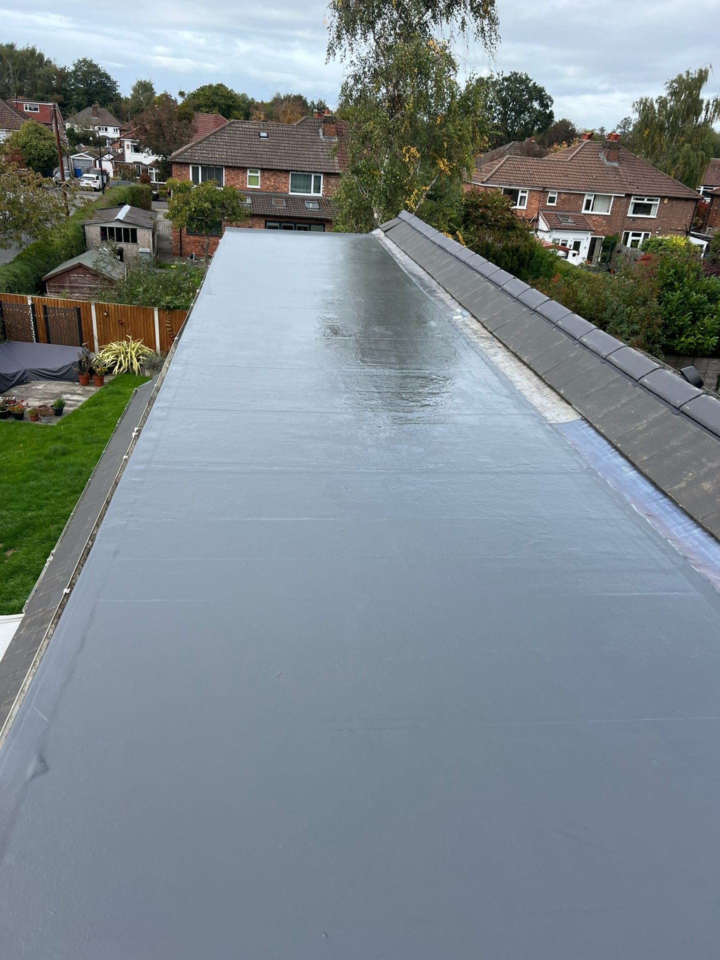Newly installed seamless GRP fibreglass flat roof in Manchester